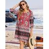 Zeagoo Womens Boho Dresses Casual Beach Summer Dress Tassel Tie Neck 3/4 Long Sleeve Mini Sundress 2026 Floral Print Cover Up(Red)
