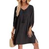 Zeagoo Womens Boho Dresses Casual Beach Summer Dress Tassel Tie Neck 3/4 Long Sleeve Mini Sundress 2026 Floral Print Cover Up(Solid Black)