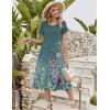 Zeagoo Womens Casual Summer Dress 2026 Petal Short Sleeve Dresses with Pleats Midi A Line Flowy Dress Boho Sundress(Blue Green Floral)