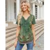 Zeagoo Womens Short Sleeve Tops Summer Henley V-Neck Tshirts Casual Pleated Blouse Dressy Loose Floral Basic Tee(01-green Ethnic Pattern)