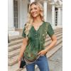 Zeagoo Womens Short Sleeve Tops Summer Henley V-Neck Tshirts Casual Pleated Blouse Dressy Loose Floral Basic Tee(01-green Ethnic Pattern)