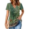 Zeagoo Womens Short Sleeve Tops Summer Henley V-Neck Tshirts Casual Pleated Blouse Dressy Loose Floral Basic Tee(01-green Ethnic Pattern)