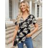 Zeagoo Womens Short Sleeve Tops Summer Henley V-Neck Tshirts Casual Pleated Blouse Dressy Loose Floral Basic Tee(Black Leaf Floral)