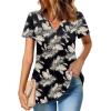 Zeagoo Womens Short Sleeve Tops Summer Henley V-Neck Tshirts Casual Pleated Blouse Dressy Loose Floral Basic Tee(Black Leaf Floral)