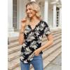 Zeagoo Womens Short Sleeve Tops Summer Henley V-Neck Tshirts Casual Pleated Blouse Dressy Loose Floral Basic Tee(Black Leaf Floral)