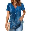 Zeagoo Womens Short Sleeve Tops Summer Henley V-Neck Tshirts Casual Pleated Blouse Dressy Loose Floral Basic Tee(Blue Ethnic Floral)