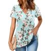 Zeagoo Womens Short Sleeve Tops Summer Henley V-Neck Tshirts Casual Pleated Blouse Dressy Loose Floral Basic Tee(Blue Floral)