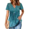 Zeagoo Womens Short Sleeve Tops Summer Henley V-Neck Tshirts Casual Pleated Blouse Dressy Loose Floral Basic Tee(Blue Floral Print)