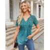 Zeagoo Womens Short Sleeve Tops Summer Henley V-Neck Tshirts Casual Pleated Blouse Dressy Loose Floral Basic Tee(Blue Floral Print)