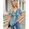Zeagoo Womens Short Sleeve Tops Summer Henley V-Neck Tshirts Casual Pleated Blouse Dressy Loose Floral Basic Tee(Blue Flowers)