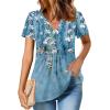 Zeagoo Womens Short Sleeve Tops Summer Henley V-Neck Tshirts Casual Pleated Blouse Dressy Loose Floral Basic Tee(Blue Flowers)
