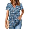Zeagoo Womens Short Sleeve Tops Summer Henley V-Neck Tshirts Casual Pleated Blouse Dressy Loose Floral Basic Tee(Blue Yellow Floral)