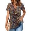 Zeagoo Womens Short Sleeve Tops Summer Henley V-Neck Tshirts Casual Pleated Blouse Dressy Loose Floral Basic Tee(Ethnic Floral 01)