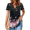 Zeagoo Womens Short Sleeve Tops Summer Henley V-Neck Tshirts Casual Pleated Blouse Dressy Loose Floral Basic Tee(Gradient Flowers-black and Pink)