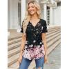 Zeagoo Womens Short Sleeve Tops Summer Henley V-Neck Tshirts Casual Pleated Blouse Dressy Loose Floral Basic Tee(Gradient Flowers-black and Pink)