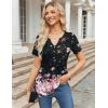 Zeagoo Womens Short Sleeve Tops Summer Henley V-Neck Tshirts Casual Pleated Blouse Dressy Loose Floral Basic Tee(Gradient Flowers-black and Pink)
