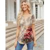 Zeagoo Womens Short Sleeve Tops Summer Henley V-Neck Tshirts Casual Pleated Blouse Dressy Loose Floral Basic Tee(Khkai Floral)