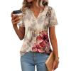 Zeagoo Womens Short Sleeve Tops Summer Henley V-Neck Tshirts Casual Pleated Blouse Dressy Loose Floral Basic Tee(Khkai Floral)