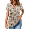 Zeagoo Womens Short Sleeve Tops Summer Henley V-Neck Tshirts Casual Pleated Blouse Dressy Loose Floral Basic Tee(Light Coffee Floral)