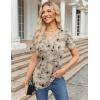 Zeagoo Womens Short Sleeve Tops Summer Henley V-Neck Tshirts Casual Pleated Blouse Dressy Loose Floral Basic Tee(Light Coffee Floral)