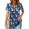 Zeagoo Womens Short Sleeve Tops Summer Henley V-Neck Tshirts Casual Pleated Blouse Dressy Loose Floral Basic Tee(Navy Blue White Floral)