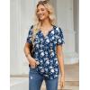 Zeagoo Womens Short Sleeve Tops Summer Henley V-Neck Tshirts Casual Pleated Blouse Dressy Loose Floral Basic Tee(Navy Blue White Floral)