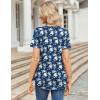 Zeagoo Womens Short Sleeve Tops Summer Henley V-Neck Tshirts Casual Pleated Blouse Dressy Loose Floral Basic Tee(Navy Blue White Floral)
