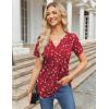 Zeagoo Womens Short Sleeve Tops Summer Henley V-Neck Tshirts Casual Pleated Blouse Dressy Loose Floral Basic Tee(Red Floral)