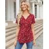 Zeagoo Womens Short Sleeve Tops Summer Henley V-Neck Tshirts Casual Pleated Blouse Dressy Loose Floral Basic Tee(Red Floral)