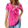 Zeagoo Womens Short Sleeve Tops Summer Henley V-Neck Tshirts Casual Pleated Blouse Dressy Loose Floral Basic Tee(Rose Floral)