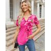 Zeagoo Womens Short Sleeve Tops Summer Henley V-Neck Tshirts Casual Pleated Blouse Dressy Loose Floral Basic Tee(Rose Floral)