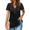 Zeagoo Womens Short Sleeve Tops Summer Henley V-Neck Tshirts Casual Pleated Blouse Dressy Loose Floral Basic Tee(Solid Black)
