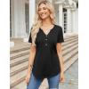 Zeagoo Womens Short Sleeve Tops Summer Henley V-Neck Tshirts Casual Pleated Blouse Dressy Loose Floral Basic Tee(Solid Black)