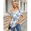 Zeagoo Womens Short Sleeve Tops Summer Henley V-Neck Tshirts Casual Pleated Blouse Dressy Loose Floral Basic Tee(White Blue Floral)