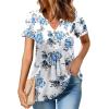 Zeagoo Womens Short Sleeve Tops Summer Henley V-Neck Tshirts Casual Pleated Blouse Dressy Loose Floral Basic Tee(White Blue Floral)