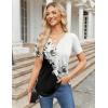 Zeagoo Womens Short Sleeve Tops Summer Henley V-Neck Tshirts Casual Pleated Blouse Dressy Loose Floral Basic Tee(White+black Floral)