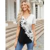 Zeagoo Womens Short Sleeve Tops Summer Henley V-Neck Tshirts Casual Pleated Blouse Dressy Loose Floral Basic Tee(White+black Floral)