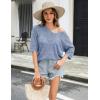 Zeagoo Women’s Summer Crochet Off The Shoulder Hollow Out Knit Tops 2025 V Neck 3/4 Sleeve Sweater Top(Light Blue)