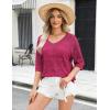 Zeagoo Women’s Summer Crochet Off The Shoulder Hollow Out Knit Tops 2025 V Neck 3/4 Sleeve Sweater Top(Rose Red)