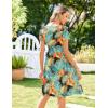 Zeagoo Womens Summer Dress Mini Petal Short Sleeve Dresses Pleated Button Down V Neck Floral Beach Swing Vacation Dress 2025(Leaf Blue Red)