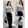 Zeagoo Womens Sweaters Fall Trendy Casual Long Sleeve Shirt Lightweight V Neck Off Shoulder Crochet Pullover Top Outfit(White Stripe)
