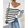 Zeagoo Womens Sweaters Fall Trendy Casual Long Sleeve Shirt Lightweight V Neck Off Shoulder Crochet Pullover Top Outfit(White Stripe)