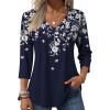 Zeagoo 3/4 Length Sleeve Womens Tops Casual V Neck Pleated Top Boho Floral Blouses Work Shirts(Leaf Navy)