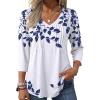 Zeagoo 3/4 Length Sleeve Womens Tops Casual V Neck Pleated Top Boho Floral Blouses Work Shirts(Leaf White)