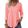 Zeagoo 3/4 Length Sleeve Womens Tops Casual V Neck Pleated Top Boho Floral Blouses Work Shirts(Pink)