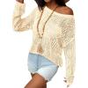 Zeagoo Crochet Tops for Women Off The Shoulder Sweaters Summer Long Sleeve Hollow Out Knit Beach Clothes S-XXL(Beige)