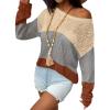 Zeagoo Crochet Tops for Women Off The Shoulder Sweaters Summer Long Sleeve Hollow Out Knit Beach Clothes S-XXL(Cream Grey Orange Colorblock)