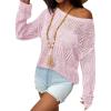 Zeagoo Crochet Tops for Women Off The Shoulder Sweaters Summer Long Sleeve Hollow Out Knit Beach Clothes S-XXL(Pink)