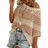 Zeagoo Short Sleeve Crochet Sweater Lightweight Summer Tops Loose Hollow Out Crewneck Pullover(Khaki Apricot Stripe)