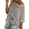Zeagoo Short Sleeve Crochet Sweater Lightweight Summer Tops Loose Hollow Out Crewneck Pullover(Light Grey)
